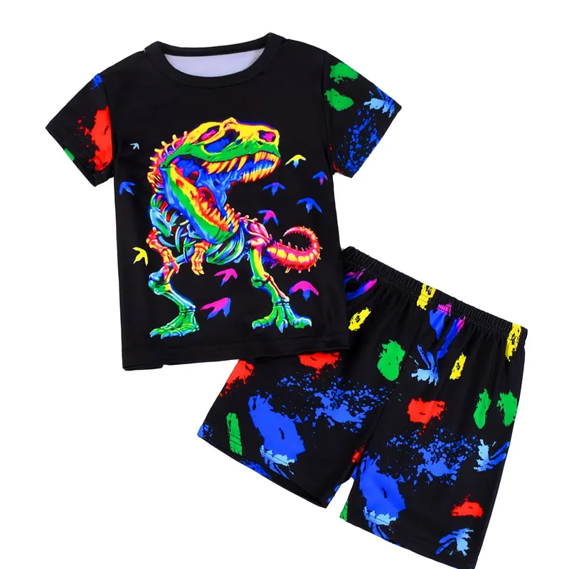 Toddler Boys' Dinosaur & All-Over Print Short Sleeve T-Shirt & Elastic Waist Shorts Loungewear Set, Graphic Tee & Shorts PJ Set, Kids Pajama Lounge Sets for All Seasons, Cartoon Print Pajama, Cartoon Pattern Pajamas