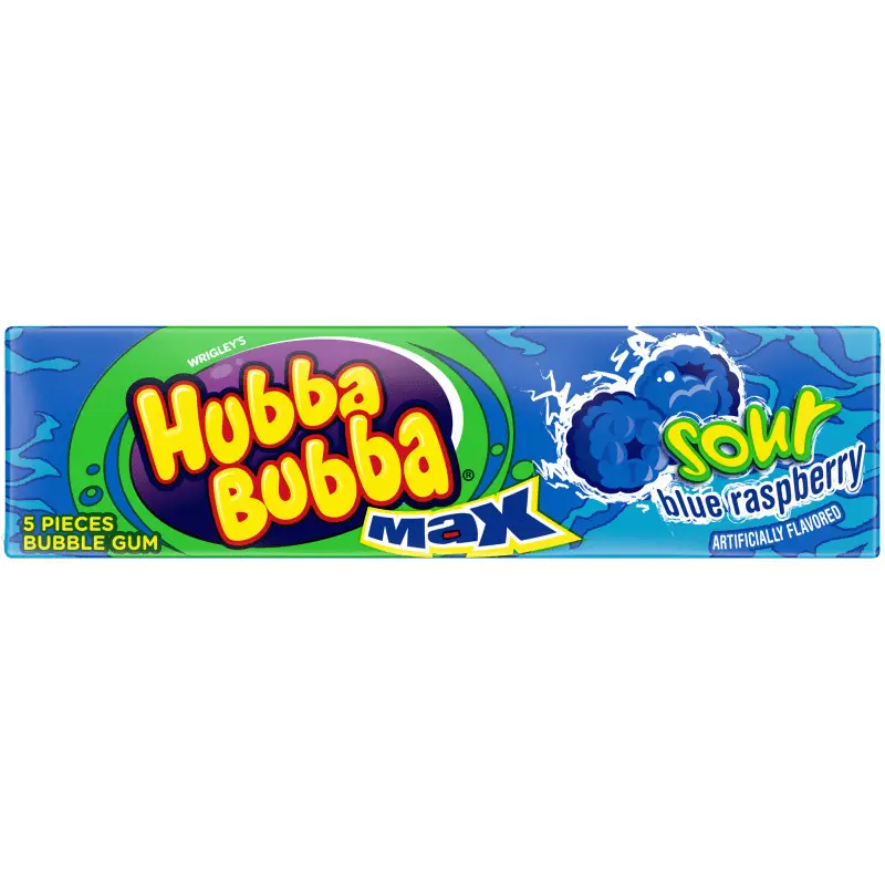 Hubba Bubba Max Sour Blue Raspberry Ambient Chewing Gum - 4 Packs (5 Pieces Each), Sweet & Sour Flavor, Fat-Free, Sodium-Free Bubblegum Snack Treat for All Ages