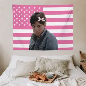 Pink and White American Flag Tapestry with Ralph Macchio Movie Poster - Patriotic Wall Decor for Bedroom, Living Room, Dorm, or Concert Gift, Bedroom Wall Art |       Contemporary Tapestry |       Easycare Material, American Decor Decoration Print Photo