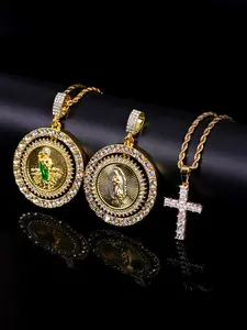 4pcs Hip Hop Punk Layered Virgin Mary Saint Jude Pendant Necklace Set, Layered Pendants, Unisex Iced Out Zircon Cross Jewelry for Daily Wear, Iced Out Chains