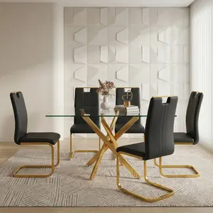Modern Cantilever Dining Chairs Set of 2/4, Black Gold PU Leather Upholstered Side Chairs with Gold Metal Frame for Kitchen Living Room,summervibes
