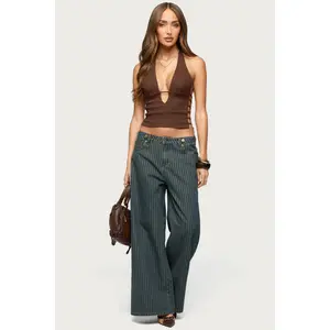 Button Pinstripe Low Rise Baggy Jeans