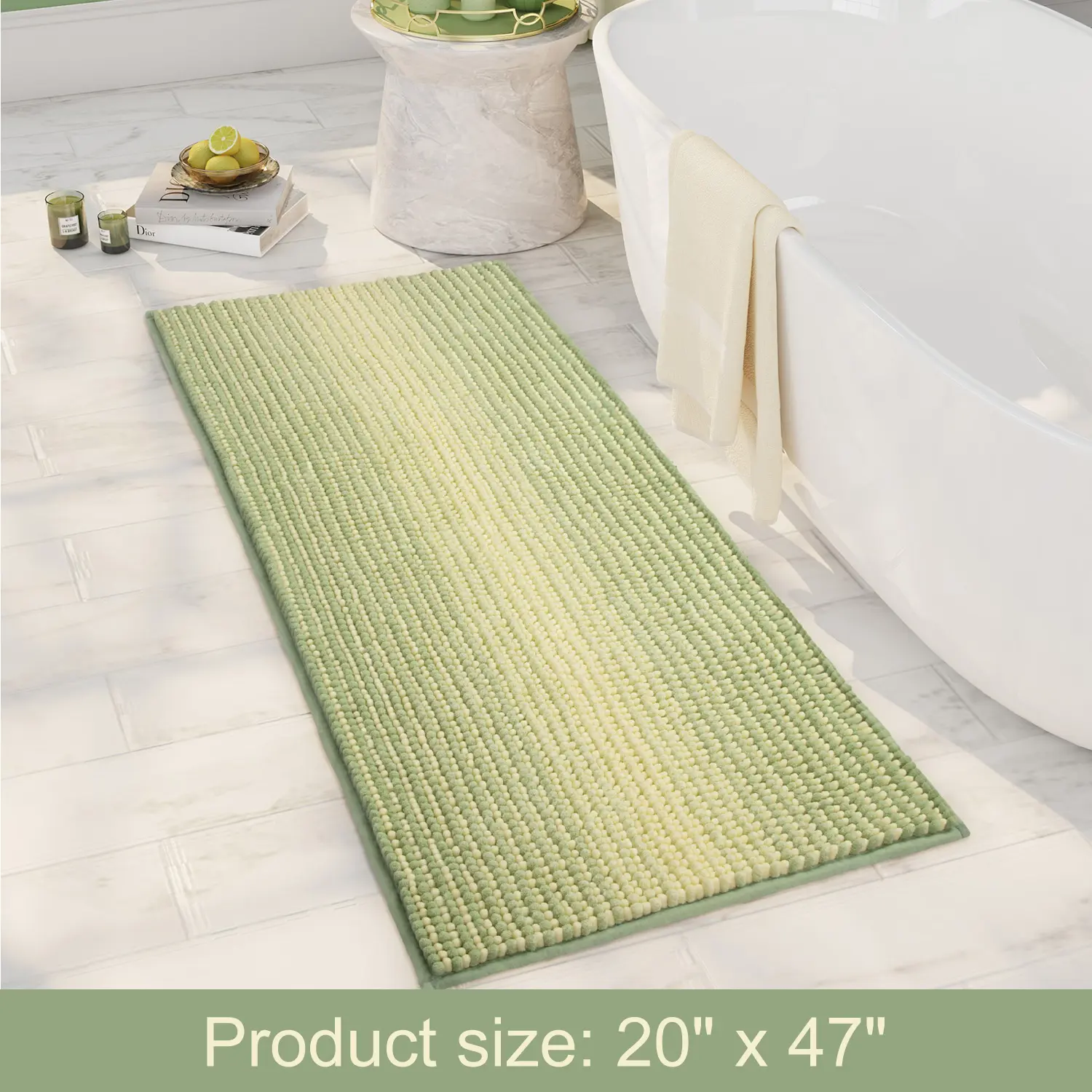 Large Bathroom Rugs, Bath Mat Rug for Bathroom Non Slip 20 x 47 Inches Water Absorbent Chenille Bathroom Floor Mats Machine Washable (Mint Green and Cream)