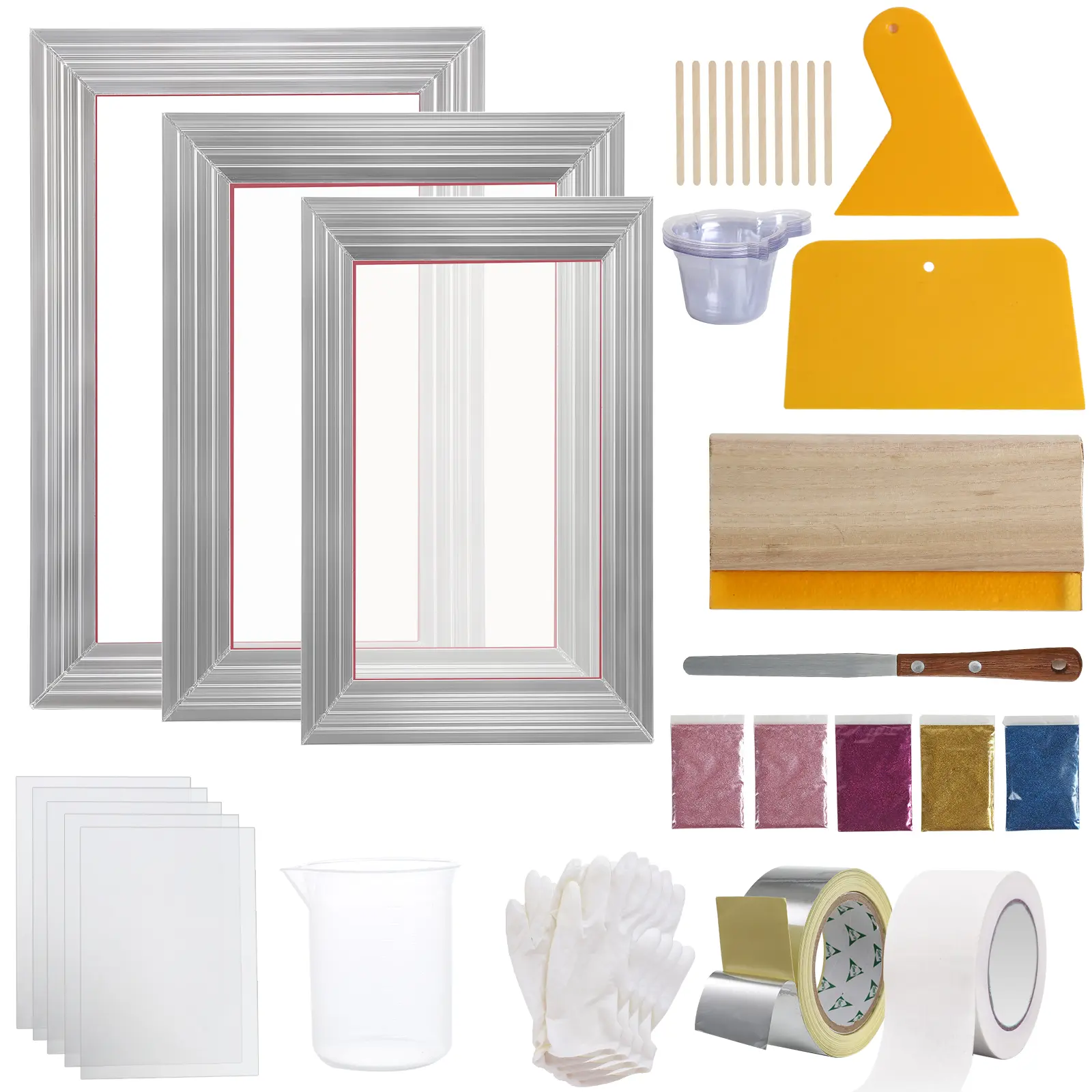 【summerfinds】VEVOR Screen Printing Kit, 3 PCS Aluminum Silk Screen Printing Frames, 5 Glitters and Screen Printing Squeegees and Transparency Films, 6x10/8x12/10x14inch 110 Count Mesh,  for DIY T-shirts Printing