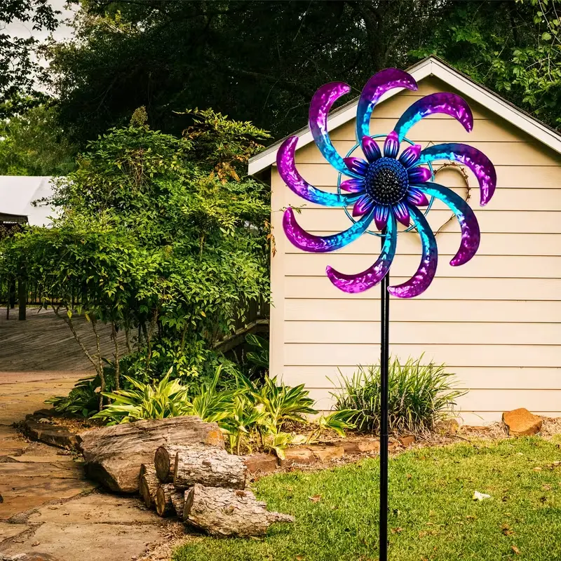 1-Piece Dynamic Metal Wind Spinner - Vibrant Rust-Proof Rotating Metal Ornament, Sturdy Wooden Base, Easy Installation, No Power Required, Ideal for Outdoor Garden Decor, Spins Freely