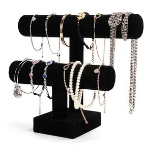 Jewelry Display, 2 Tier Jewelry Holder for Necklace Bracelet Watch Display, Table Top Display Stand, Velvet T Bar Jewelry Tower