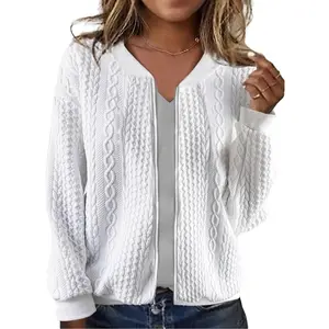 Women's Zip Up Cardigan Sweater Cable Hoodies Long Sleeve Jacket Outfits Crewneck Casual Coat
