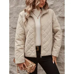 Women’s Quilted Beige Jacket — Long-Sleeve Zip-Up Coat with Stand-Collar, Front Zipper Closure, Warm Outerwear for Autumn/Winter, Suitable for Everyday Wear and Formal Occasions — Easy-Care Women’s Outerwear