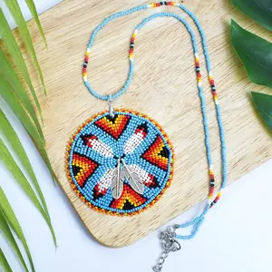Tribal Four Feather Beaded Necklace - Native American Style Wire Wrapped Pendant - Unisex Southwestern Jewelry Handmade Fashion Accessory