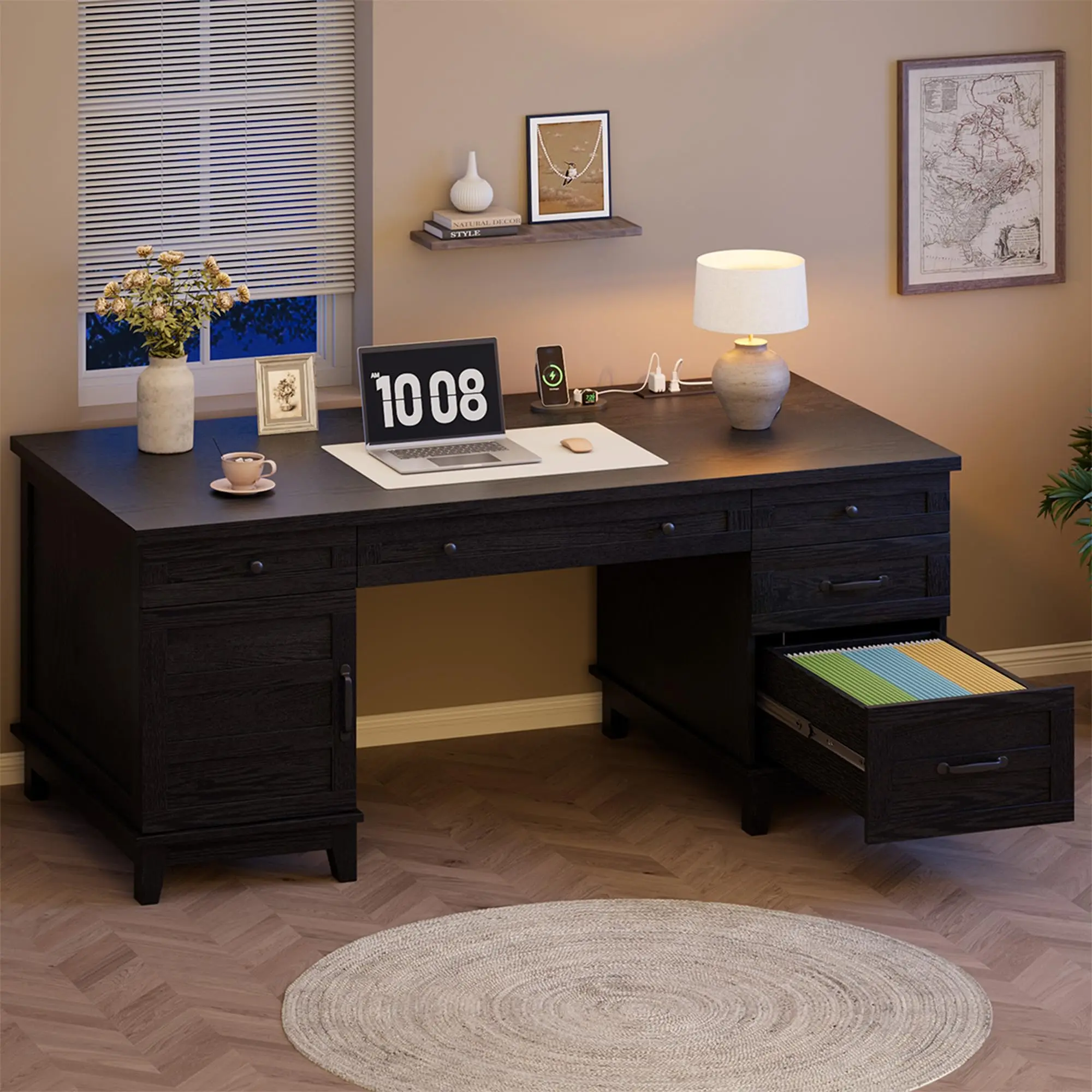 Garvee 60 Inch Farmhouse Executive Desk with File Drawers, Charging Station, USB Ports, and Cabinet Storage in Rustic Black, Walnut Brown, and White Walnut for Home Office and Study