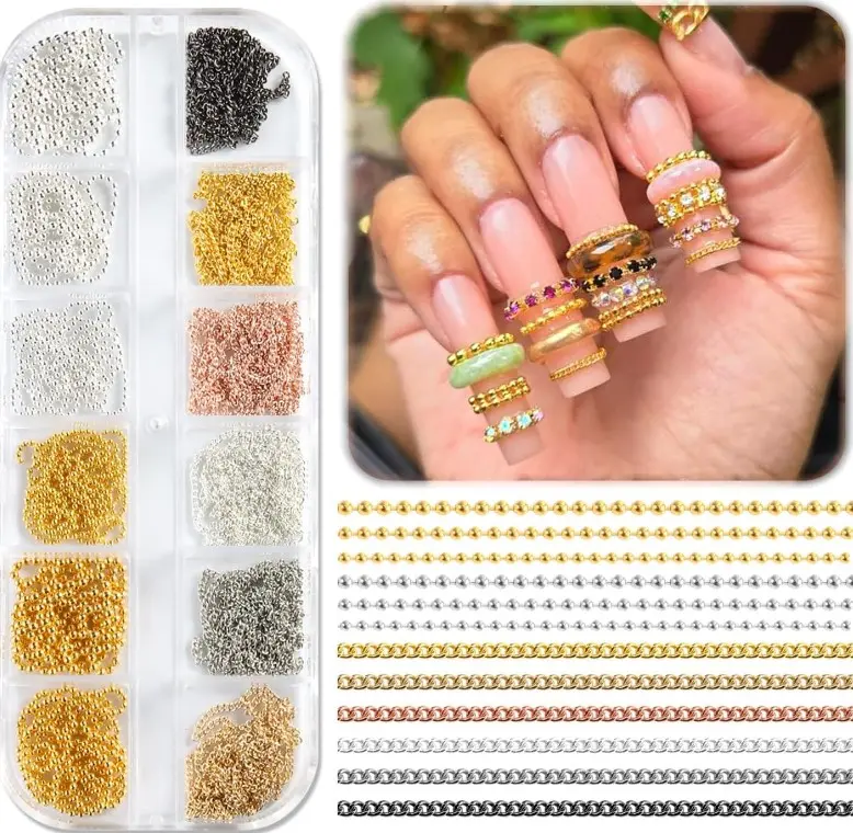 12 Strips Metal Chain Nail Art Charms, 3D Gold Silver Dark Gray Nail Chains Punk Alloy Nail Rivets Jewelry for Women Gothic Manicure Accessories DIY Crafts Decorations