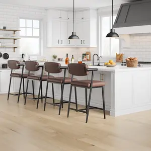OUTGOODS Modern PU Leather Barstools with Armrests, Backrest, Upholstered Counter-Height Dining Chairs, Metal Frame, Footrest - Comfortable Seating for Kitchen Island, Home Bar, Barstool