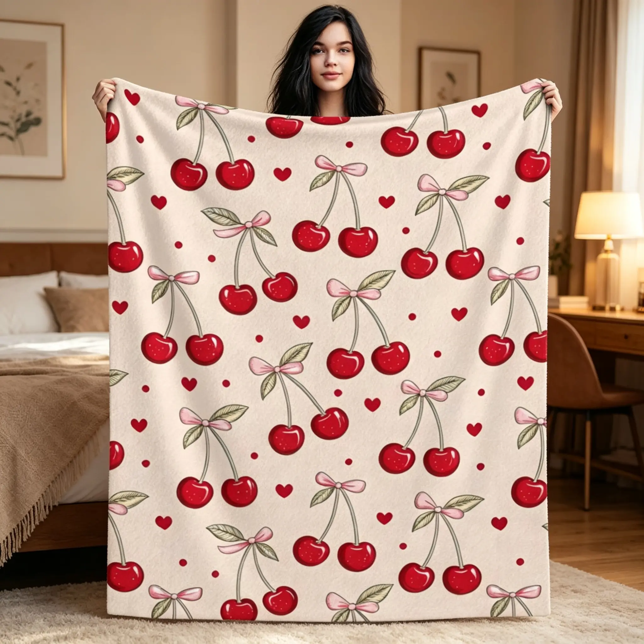 Cherry Pattern Throw Blanket | Soft Cozy Flannel Blanket for Couch Bed | Aesthetic Room Decor Gift for Women & Home Comfort