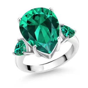 Gem Stone King 9.19 Cttw Pear Shape Green Nano Emerald 3-Stone Ring For Women | 925 Sterling Silver | Three Stone Wedding Anniversary Promise Ring For Women