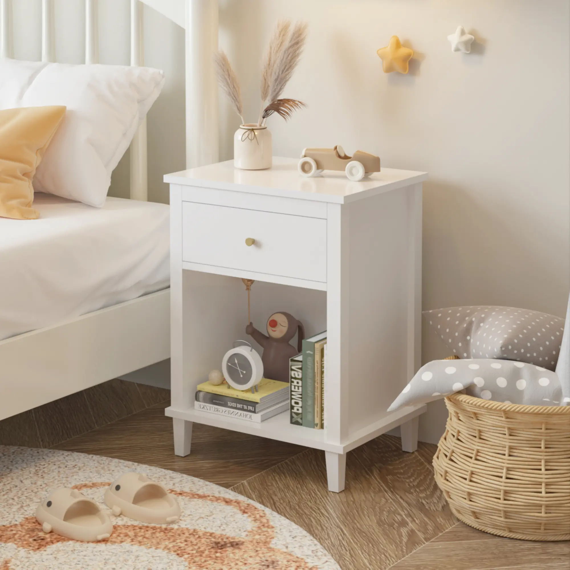 Modern White Wooden Storage Nightstand with Gold Handle, 26.77" Bedside Table with Drawer & Shelf, Small Space Friendly, Easy Assembly, Side Table for Kids & Adults, Fits Bedroom Living Room