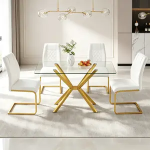 Modern 5-Piece Dining Table Set with 4 PU Leather Chairs, Tempered Glass Kitchen Table with Gold Legs