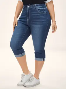 BloomChic Women's Plus Size Fitted Cropped Jeans - Lady Curvy Clothing, Midblue/Darkindigo Below-Knee Capris, Whiskered Wash, Stretchy, Butt-Lifting, Slanted Pockets, Zipper Closure, Medium Stretch, Casual Streetwear, 2026 Summer Women's Clothes Pick