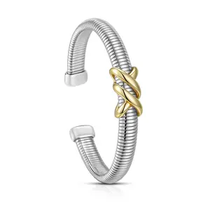 Mytys Classic Cross Knot Design Two Tone Twisted Cable Bracelet Adjustable Chic & Trendy Jewelry for Women, Stainless Steel Bangle