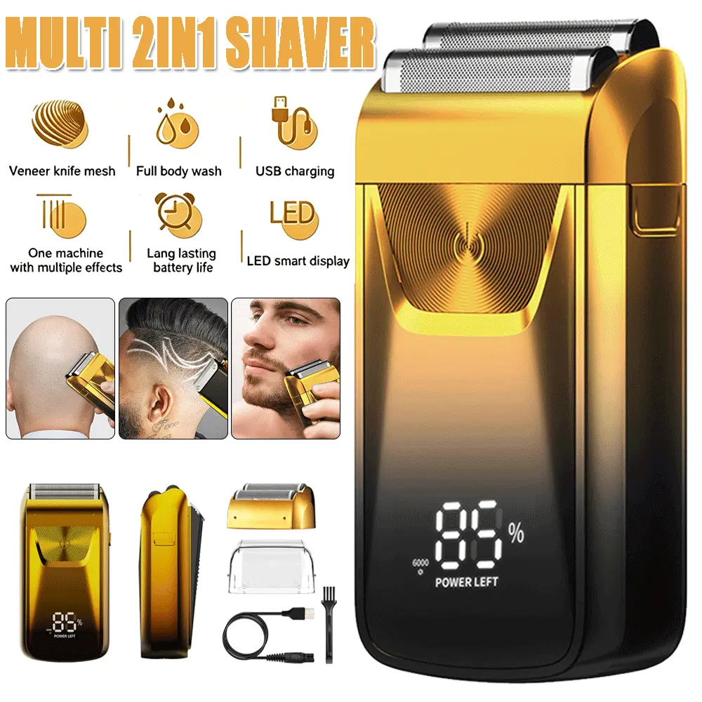 2-in-1 Electric Razor Blade Head Shaver Trimmer Wet/Dry Men's Beard Foil Shaver USB Electric Shaver Razor Strong Reciprocating Trimmer Machine twin shaver men Brush Gold, Portable Beard Shaver