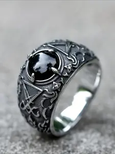 New Retro Stylish Black Zircon Men's Ring - Punk Rock Personalized Religious Jewelry Gift Cubic Zirconia Ring