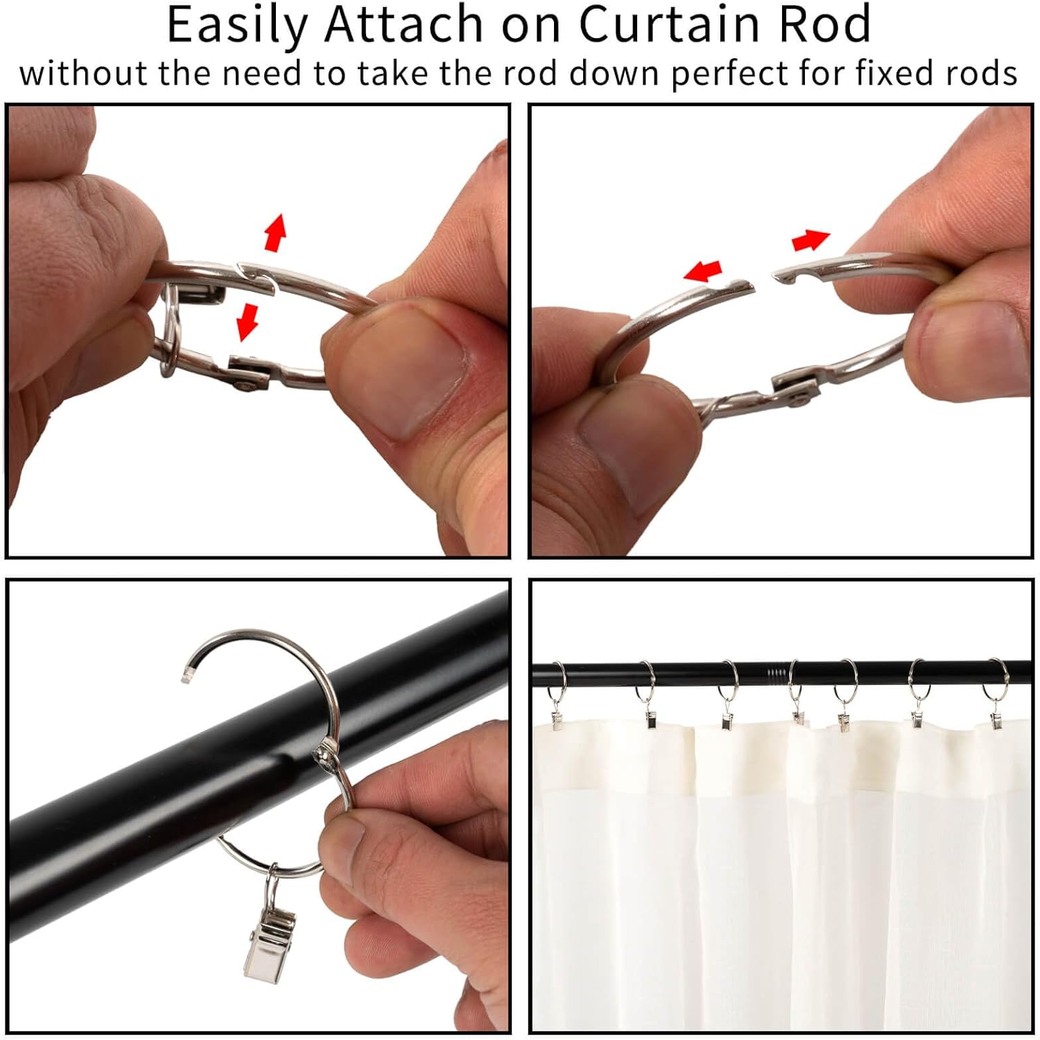 12/24/36pcs Silver Metal Curtain Rings with Clips, 1.5 Inch Interior Diameter, Fits up to 1.2 Inch Rod, Openable Shower Curtains Rings Heavy Duty Vintage Decorative Drapery Eyelet Shower Curtain Rods Hangers Rings