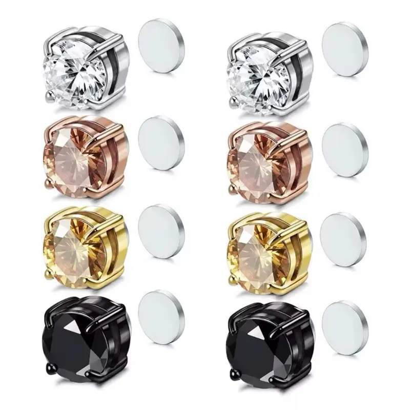 Fashion hypoallergenic earrings jewelry iced out cubic zirconia stud earrings stainless steel magnetic earrings for men 8mm