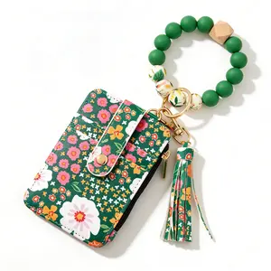 Small Fresh Female Card Bag Keychain,Floral PU Leather Zipper Wallet & Keychain with Silicone Bead Bracelet,Purse Bangle Tassel Beads for Women,Valentine’s Day, or Everyday Use, Gift for mother/her