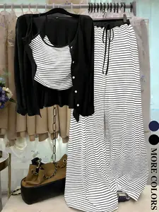 Women's Plus Size Casual Striped Pants Set, Stripe Tank Top & Long Sleeve Cardigan, Comfortable and Stylish Spring & Fall Womenswear Style