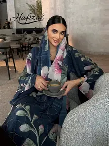 Elegant Long Sleeve Maxi Kaftan Dress with Beautiful Floral Print, Loose-Fitting A-Line Islamic Abaya, Includes Headscarf, All Seasons Outerwear