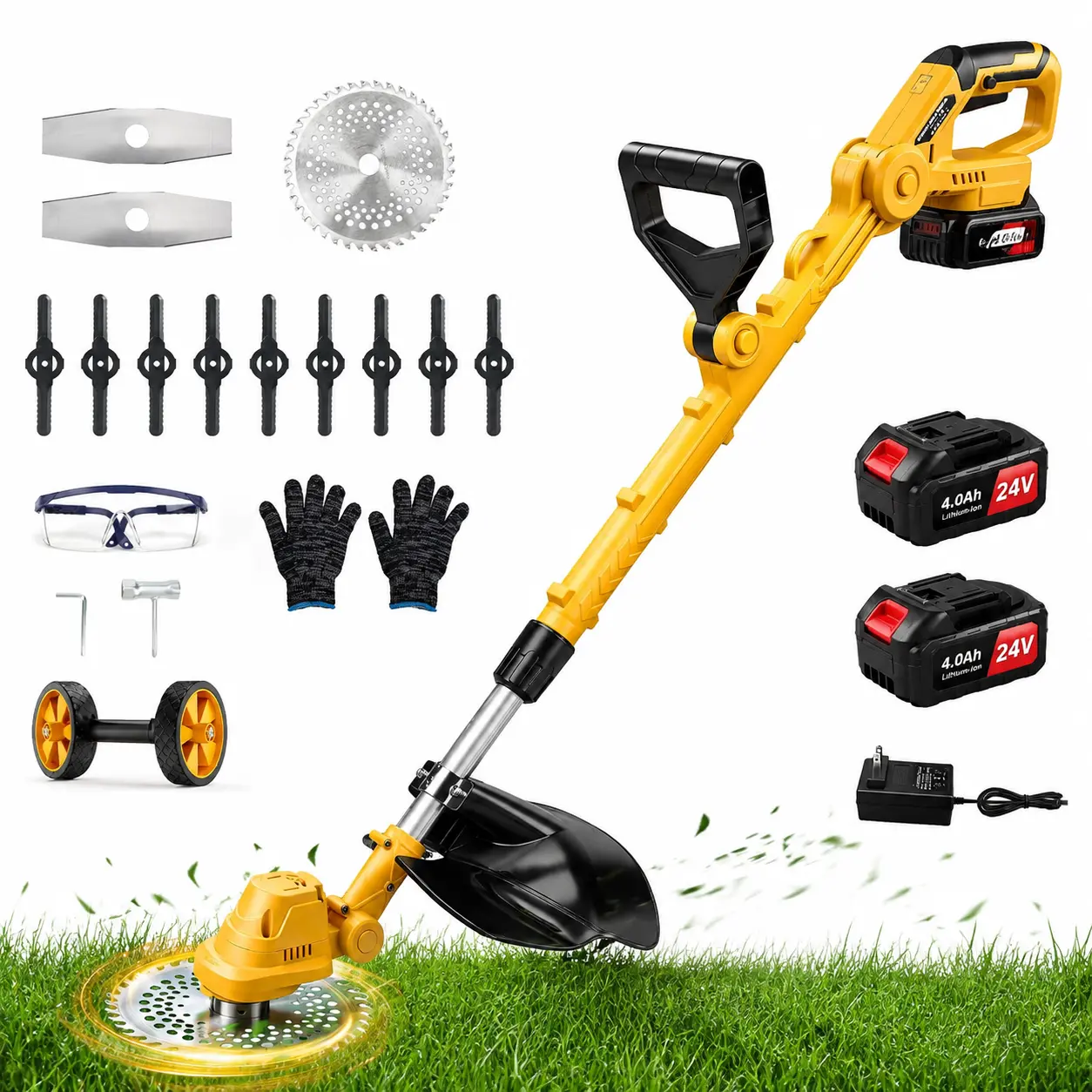 Cordless Weed Wacker Battery Powered with Wheels, 24V Electric Weed Eater 4-in-1 Stringless Grass Trimmer Lawn Edger & Brush Cutter, 2 Batteries Included with Metal Blades for Yard Lawn Care
