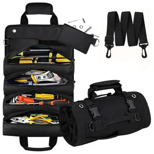 Multi-grid Zipper Tool Organizer with Removable Zipper Bags: Black Portable Foldable Tool Bag with Outer Oxford Cloth & Inner Nylon (2-in-1) and Convenient Tool Pockets