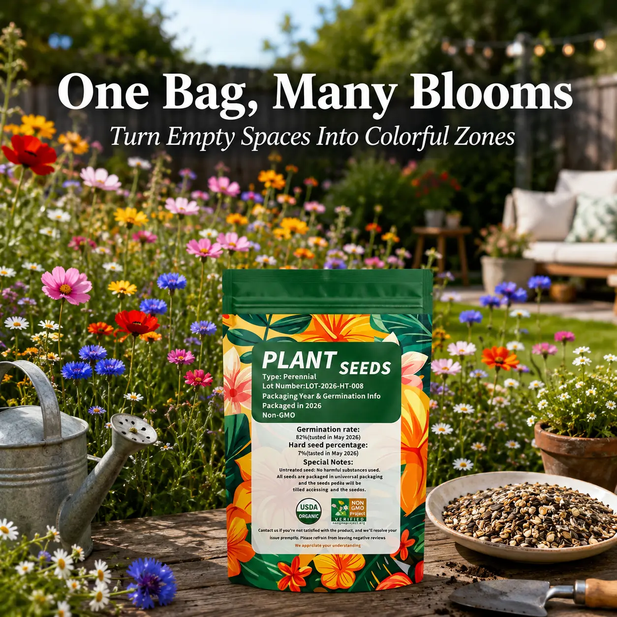Wildflower Seed Blend - Mixed Blooms Outdoor Plants for Full Sun, Yard Borders, Fence Lines, Approx. 500 Seeds