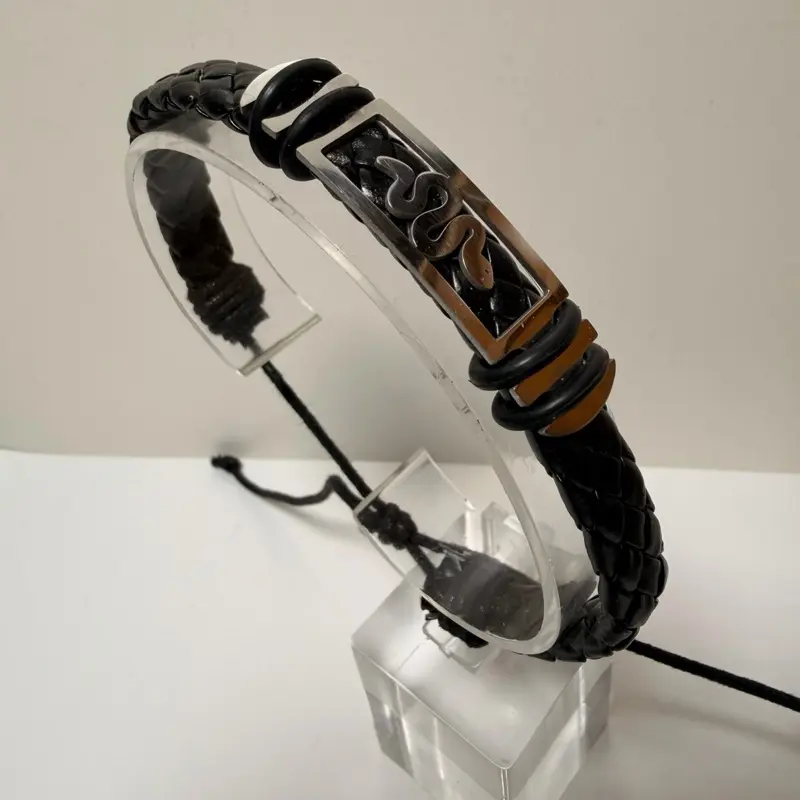 Men’s Braided Leather Snake Bracelet - Black Woven Wristband with Silver Charm
