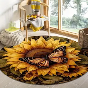 1pc Crystal Velvet Charming Butterfly and Sunflower Round Mat Washable Living Room & Bedroom Decorative Doormat, Home Entrance Mat, Floral Pattern, Soft Texture, Cozy Home Accessory, Stylish Floor Mat, Home Decorators, Modern Homeowners