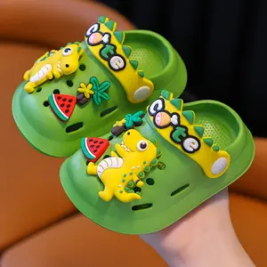 Youngsters' Cute Dinosaur Cartoon Clogs - Green & Yellow EVA Sandals for Boys and Girls, Fun Beach and Indoor Slippers with Adorable Dinosaur Charms, Youngsters Fun Footwear |     Cartoon Style Sandals |     Durable Youngsters Sandals