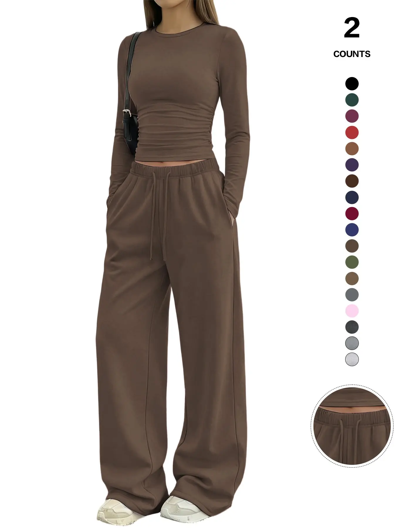 Women's Solid Ruched Drawstring Loungewear Set, Casual Long Sleeve Round Neck Top & Pocket Wide Leg Trousers, Spring Summer Sleepwear Pajama Set Women's Solid Ruched Drawstring Loungewear Set, Casual Long Sleeve Round Neck Top & Pocket Wide Leg Trousers, Spring Summer Sleepwear Pajama Set