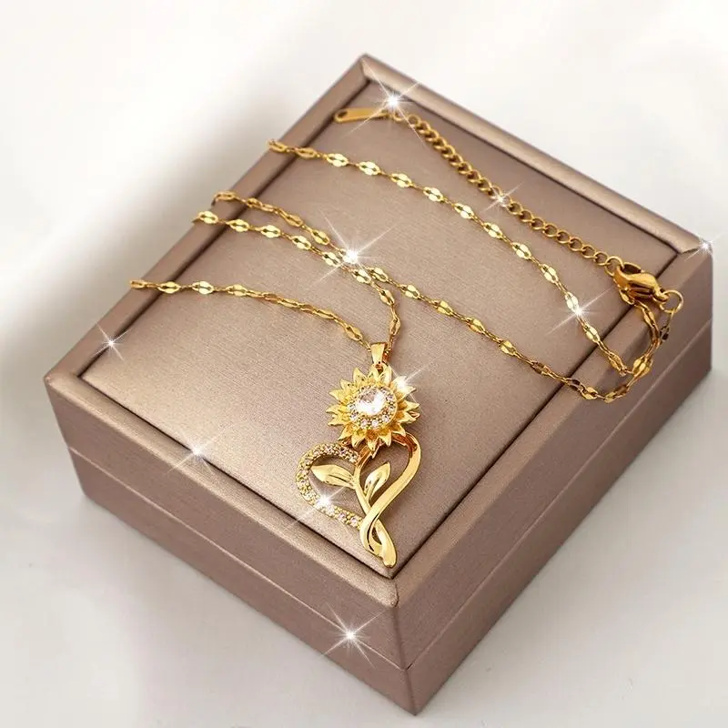 Exquisite Sunflower Heart Pendant Necklace for Women, 360° Rotatable Stress-Relief Charm with Cubic Zirconia, Crystal Jewelry Gift, Crystal Necklaces, Heart Charm Necklaces