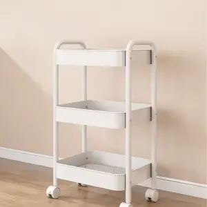 3-Tier  Rolling Utility Cart with Handle, Multi-Functional Storage Trolley for Office, Living Room, Kitchen, Movable Storage Organizer with Wheels, White