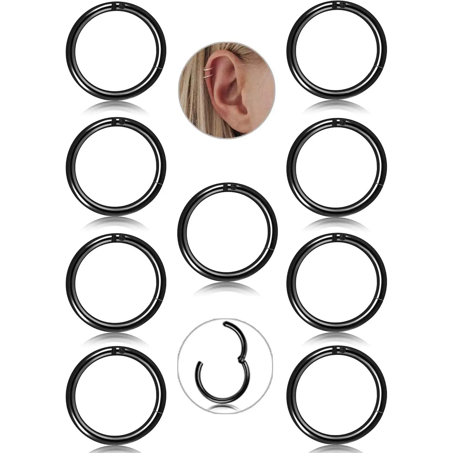 FUNRUN 9Pcs 16G Surgical Steel Hinged Clicker Hoop Set | Hypoallergenic Nose Rings & Cartilage Earrings | Seamless Body Piercing Jewelry for Helix, Tragus, Septum & More