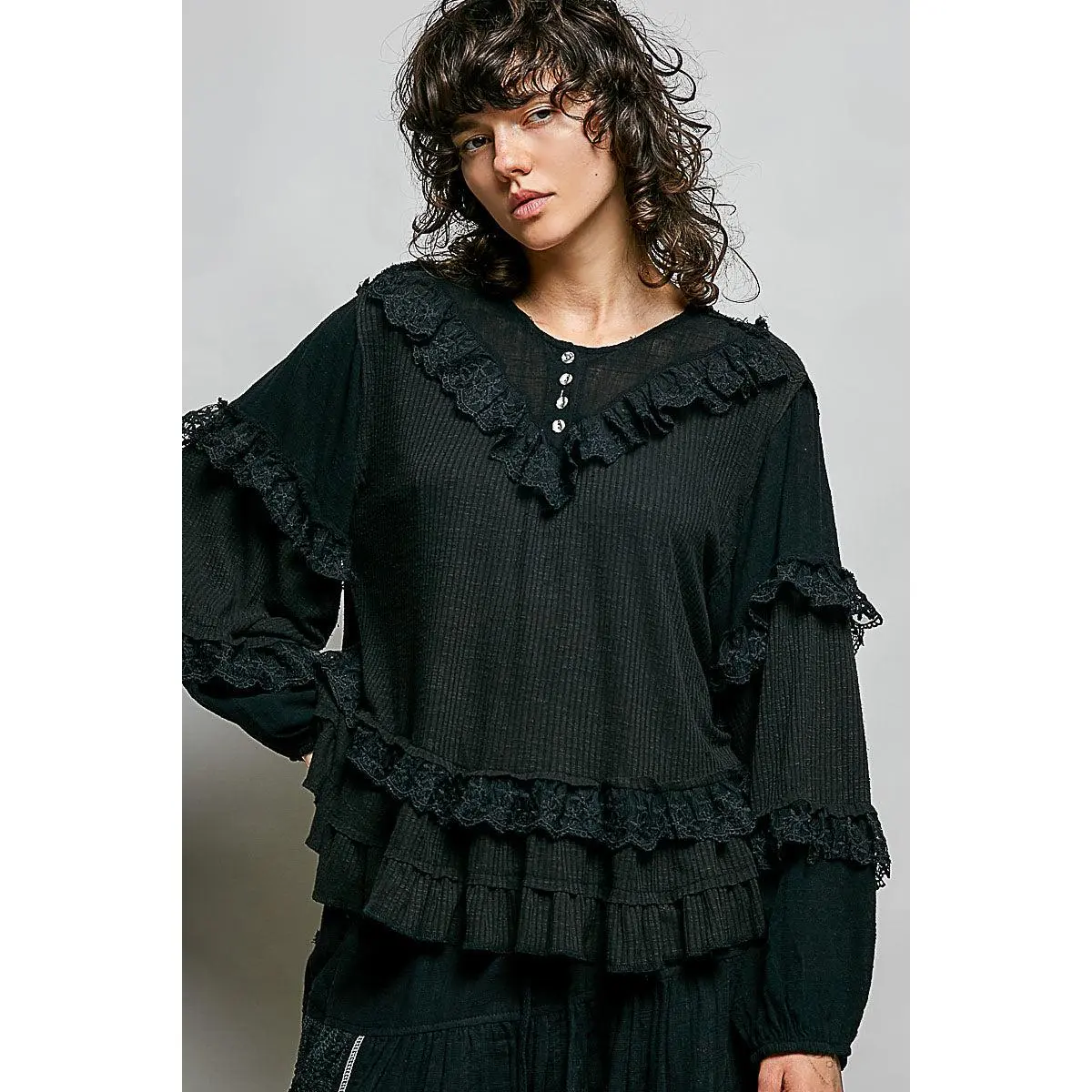 Women's Bohemian Knit Blouse, Silvia Black Ribbed Ruffle Top, Lightweight Casual Wear Shirt, Piece