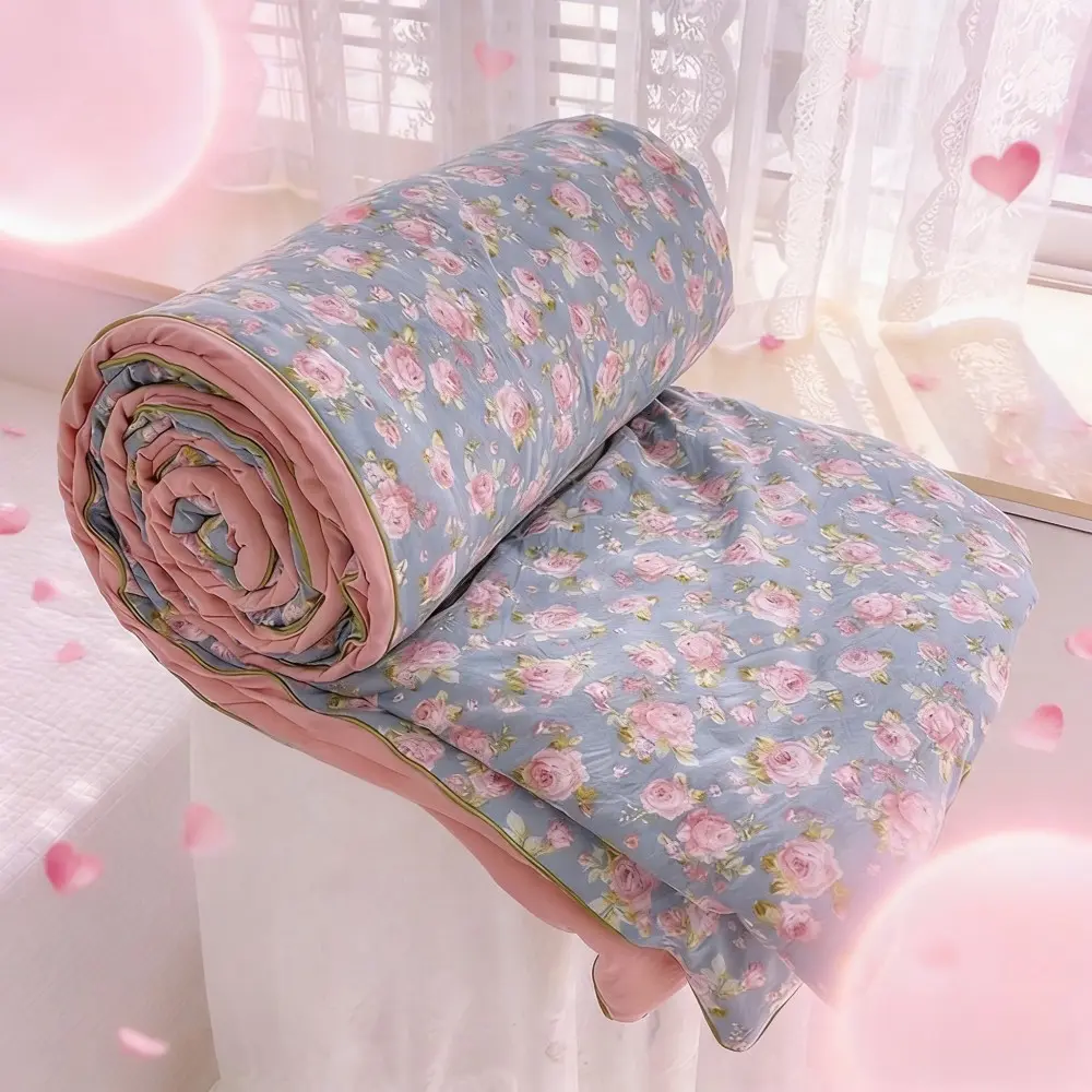 Summer Floral Print Quilt, Ultra Soft Skin-Friendly Air Conditioning Blanket, All-Season Thin Bedding for Bedroom & Living Room, Soft Lightweight Quilts, All Seasons Quilt