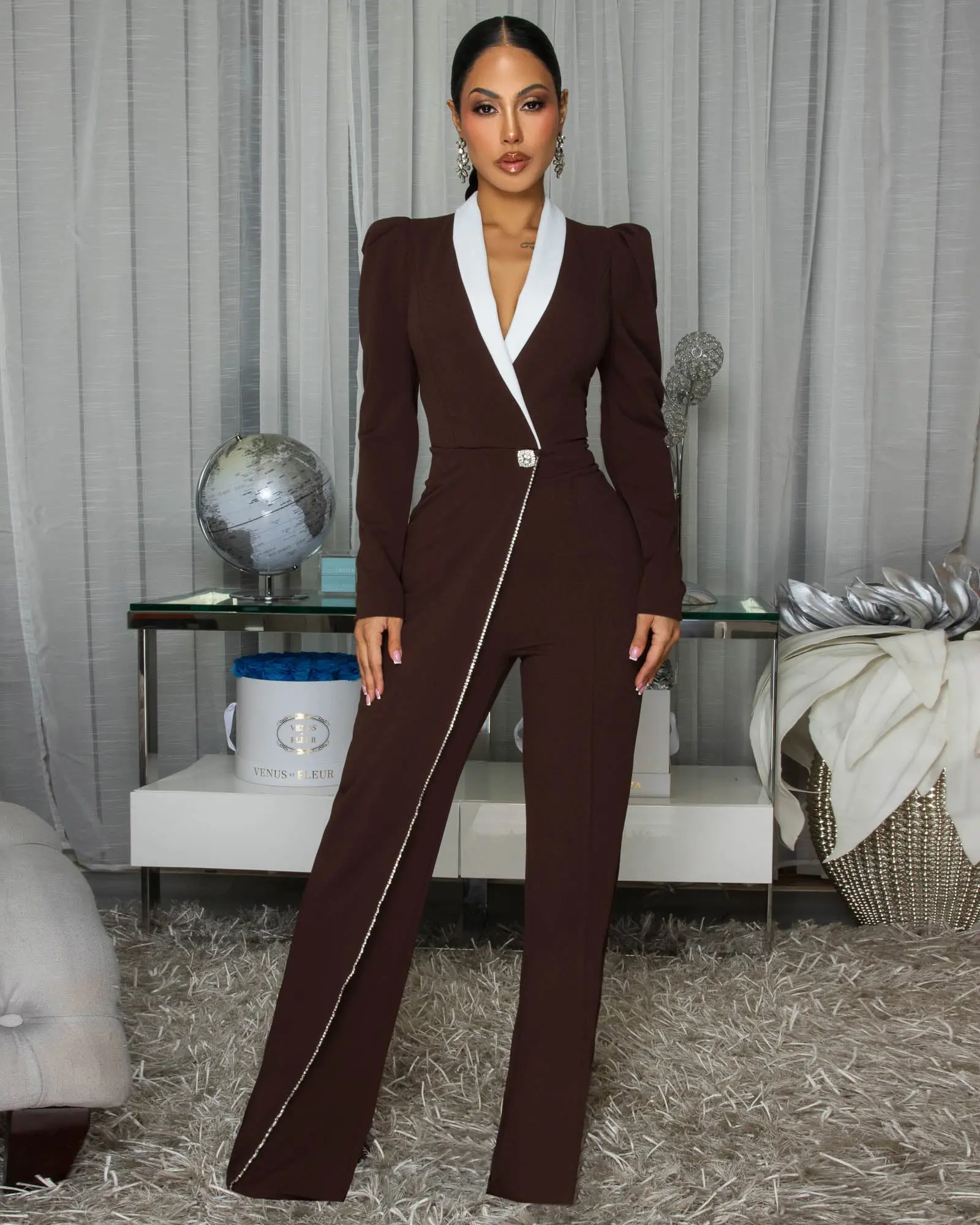 Allara Brown White Lapel Tuxedo Jumpsuit