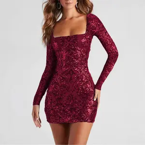 Royal Blue Sequin Long Sleeve Square Neck Bodycon Mini Dress, Sparkly Party Dress for Night Out, Club, Cocktail Event