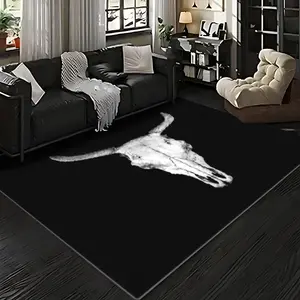 Velvet + Soft and Comfortable Retro Art Style Cow Skull Element Pattern Printed Carpet, Home Decoration Carpet, Living Room Large Carpet Sofa Cushion Door Mat Coffee Table Cushion Bedroom Carpet Bedside Carpet, Animal Printed Rug, Faux Cow Rug