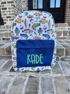 Hook On Backpack - Cartoon Style with Fish Design Personalized Name Kade 11" L X 5.5" W X 16" H Closure Type Hook On