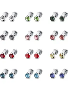 12 Pairs Colorful Classic Stainless Steel Stud Earrings for Women Men Screw Back Earring Studs for Daily Wearing Shining Cubic Zirconia Cartilage Stud Earring Jewelry Set Earring Stacking Set Hypoallergenic Jewelry