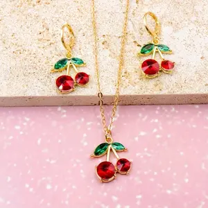 Set of Three Pieces Including a Cherry-Shaped Pendant Necklace And Earrings Made of Zinc Alloy