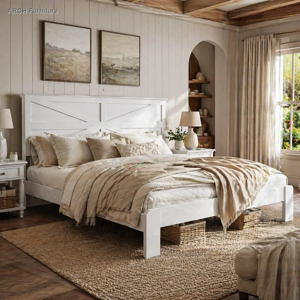 Rustic White Wood-Finished King-Size Bed Frame with 800lb Capacity, Solid Wood Headboard, Sturdy Slat Support, Built-In Storage, Easy Setup Platform Design (Built-In, Headboard King-Size Bed Frames Included), Built-In Bed Frames