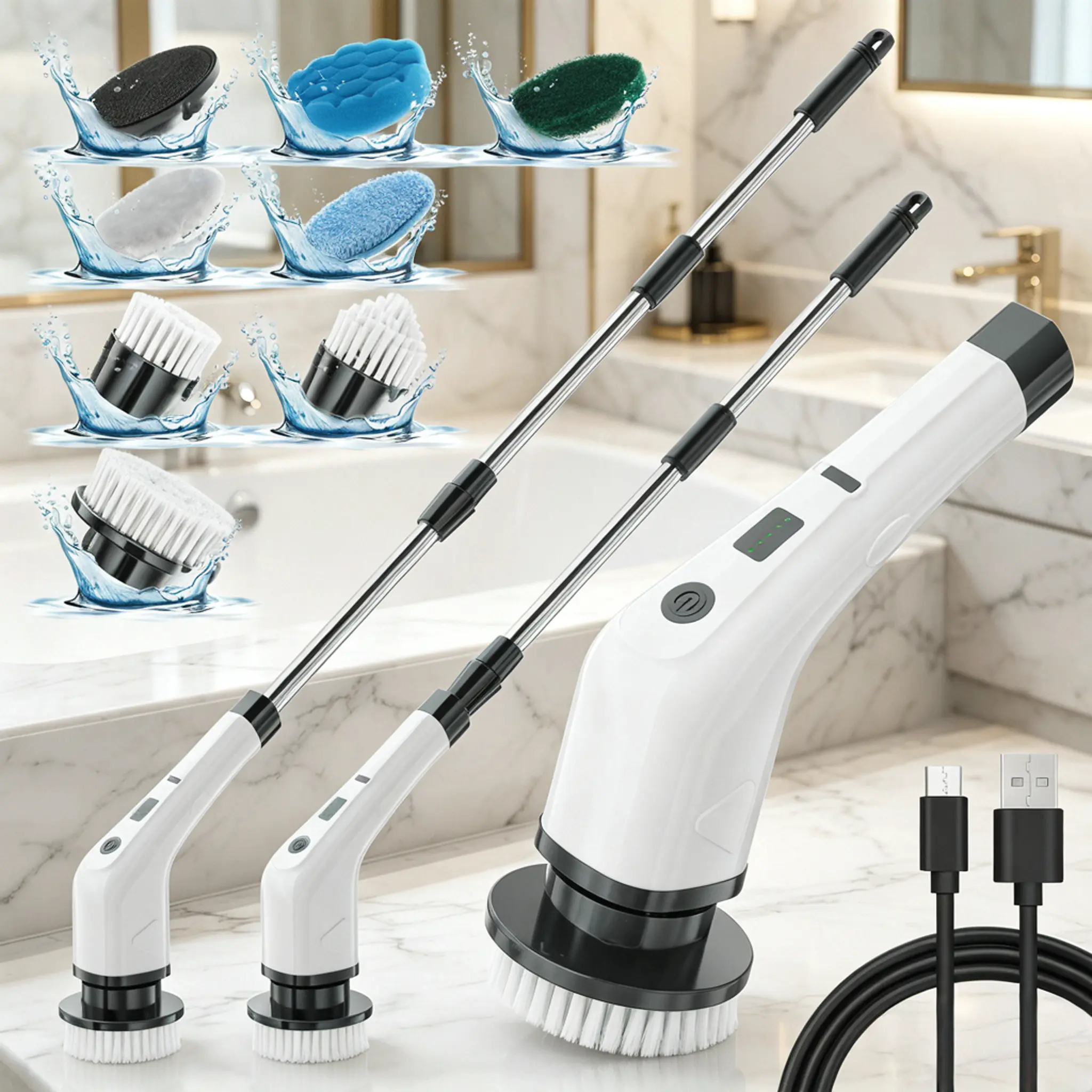 Wireless Rechargeable Electric Spin Scrubber - Durable ABS Body, 2500mAh Battery-Powered, USB Port, Flexible Lightweight Adjustable Handle, 2-Speed, 8 Universal Rotatable Heads, for Kitchen, Narrow Corners Household Appliance