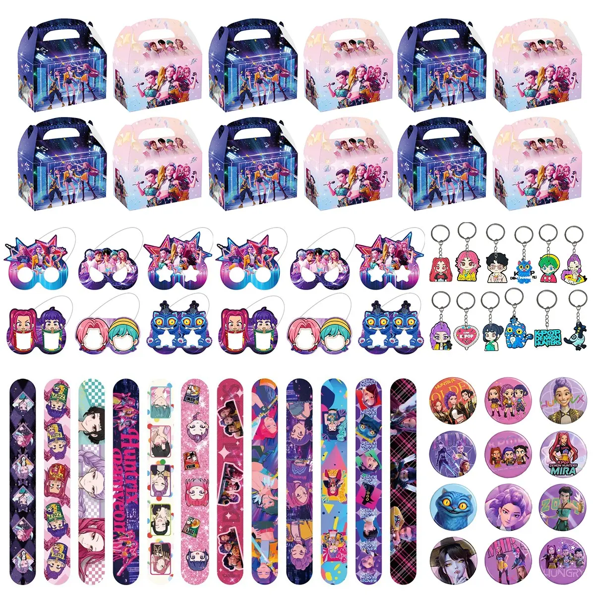 Korean Cartoon Girl Group Birthday Gift Set, 12 Bracelets, 12 Keychains, 12 Badges, 12 Decorative Glasses & 12 Gift Boxes, Party & Gathering Favors